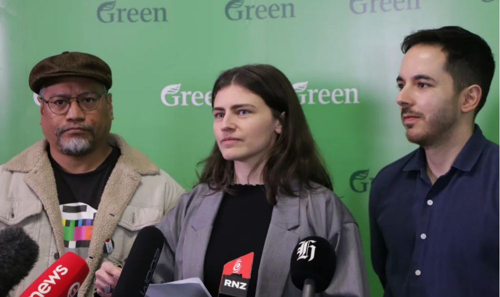 Green Party co-leader Chlöe Swarbrick with Te Mātāwaka caucus chairperson Teanau Tuiono (left)...