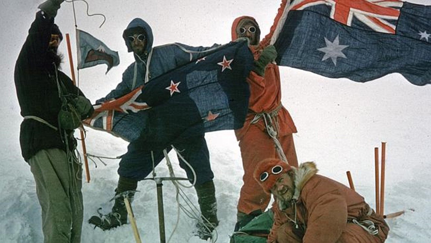 On the summit of Mawson Peak, Heard Island, January 25, 1965. Left to right: Warwick Deacock...