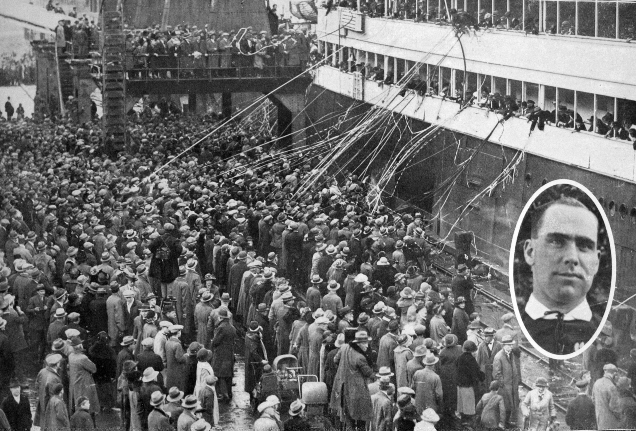 Adoring crowds farewell the 1924 touring All Blacks at the Wellington waterfront. Inset: team...