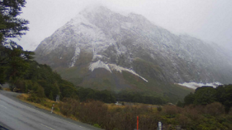 Snow has also fallen about the Milford Road area this morning. Photo: Milford Road/NZTA