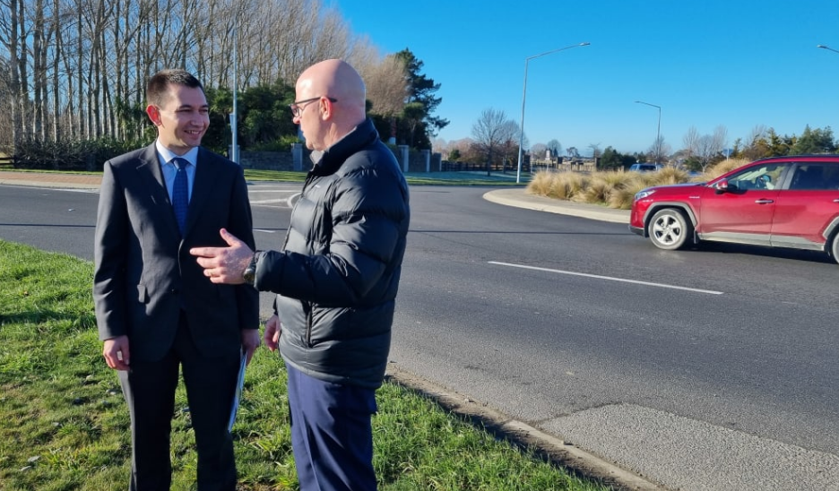 Transport Minister Simeon Brown (left) and Waimakariri MP Matt Doocey at the Pegasus roundabout...