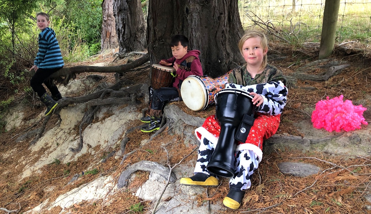 Practising making music are Waitati School pupils (from left) Edison Parker, 7, Mikaere Lewis, 6,...