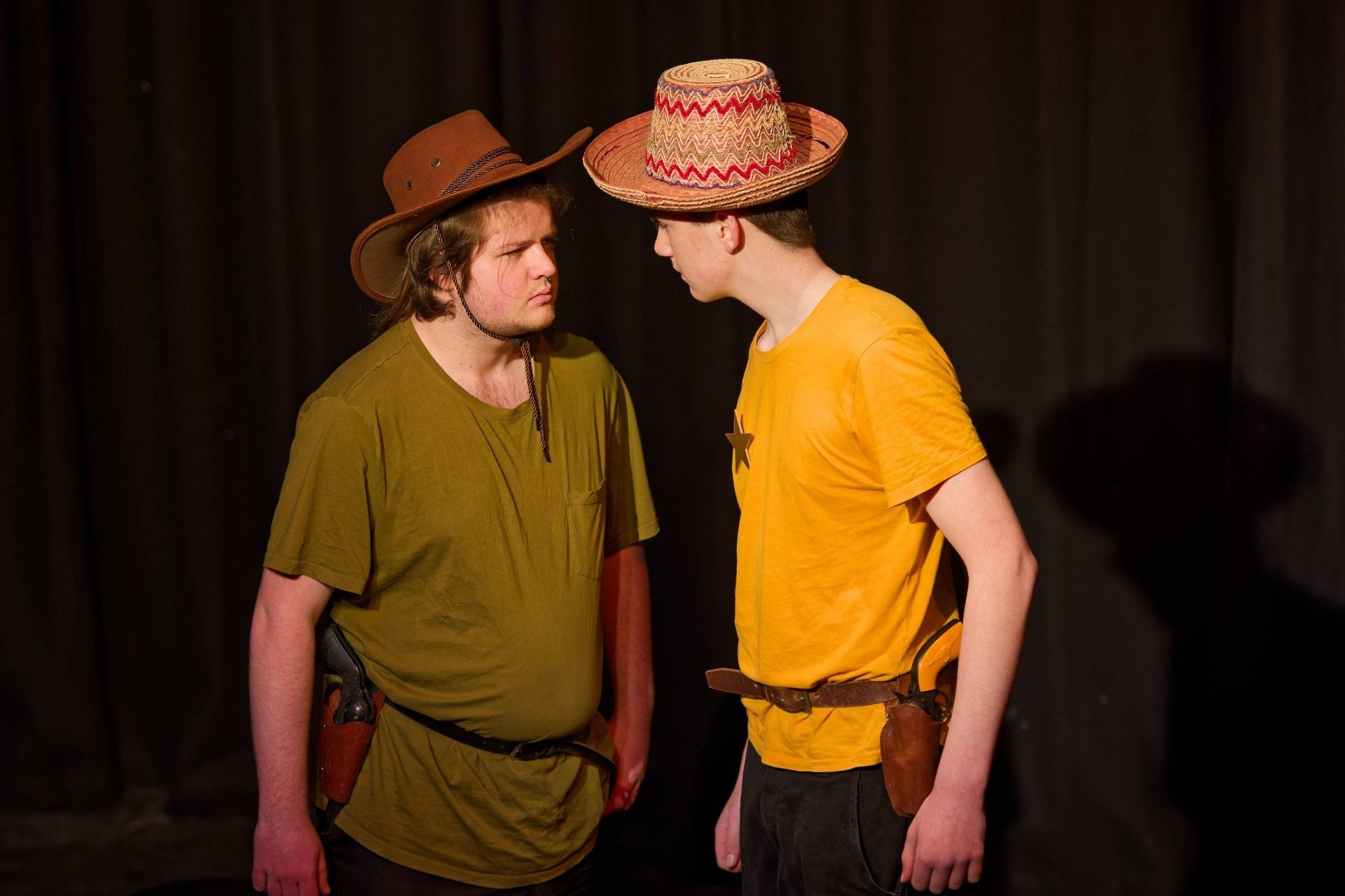 In a standoff in a scene from the Globe Youth production Break a Leg are John Lindley (left) and...