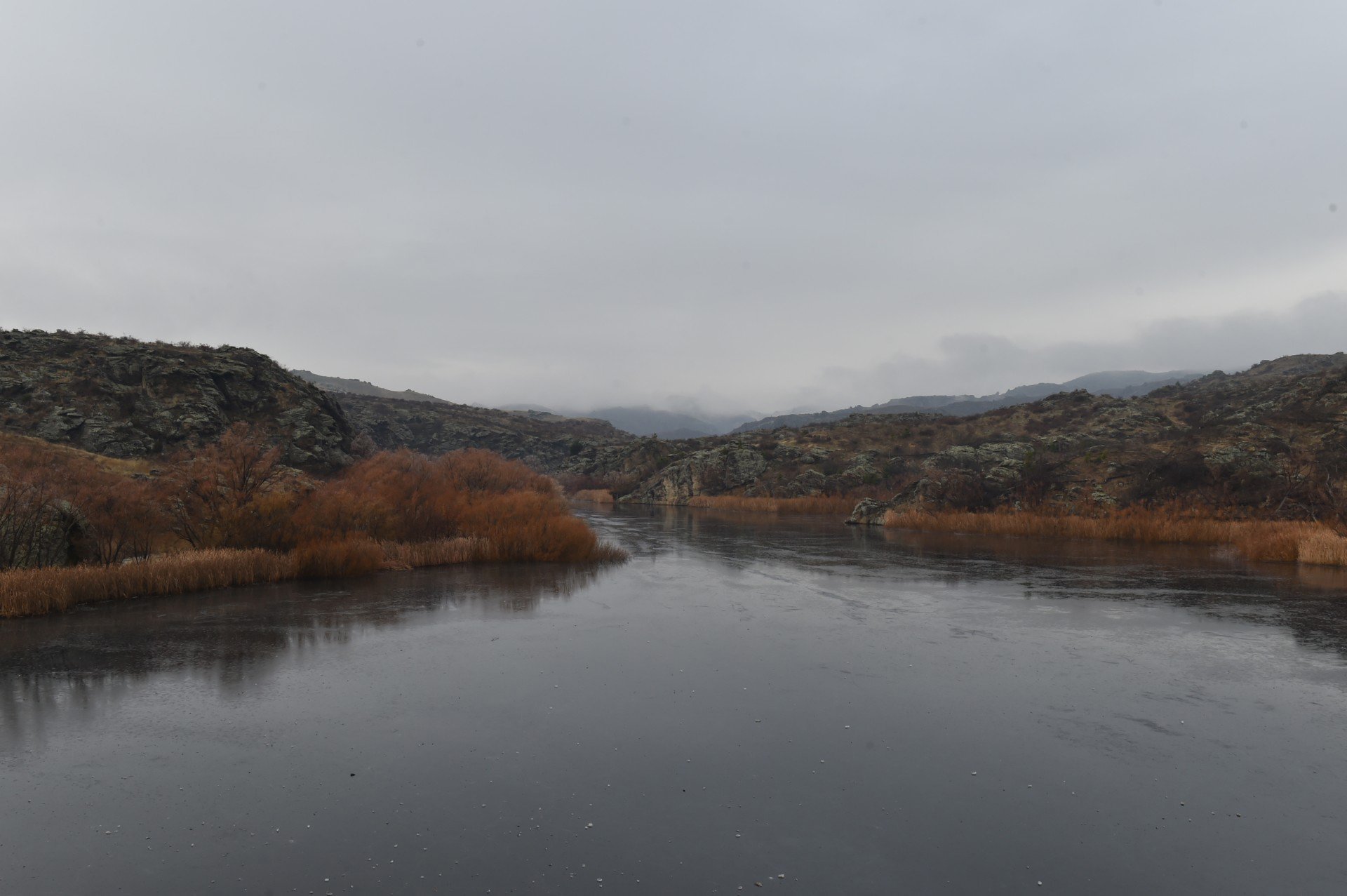 The Manorburn Dam under grey skies yesterday. Photo: Gregor Richardson