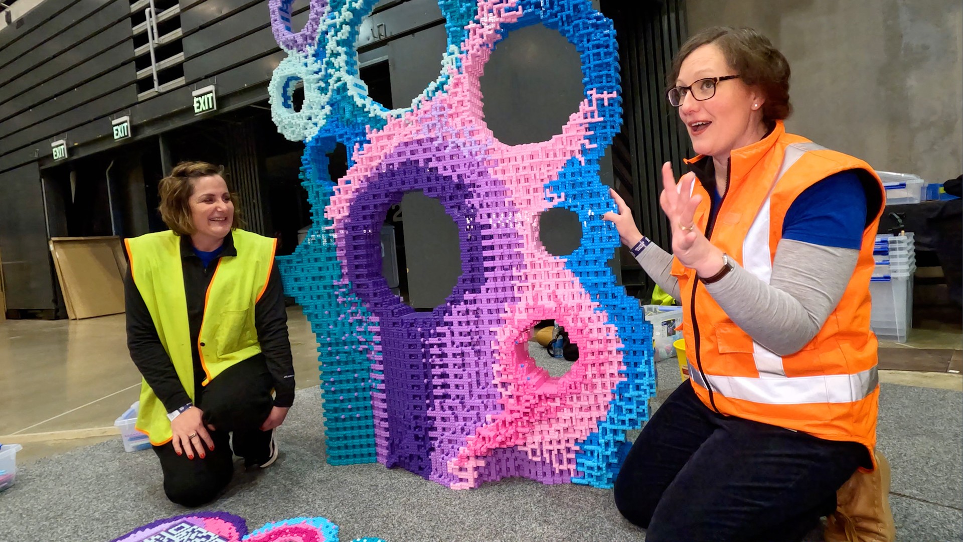 Season One Lego Masters contestants Sarah Mosley and Emily Fryer with their 1.8 metre high...