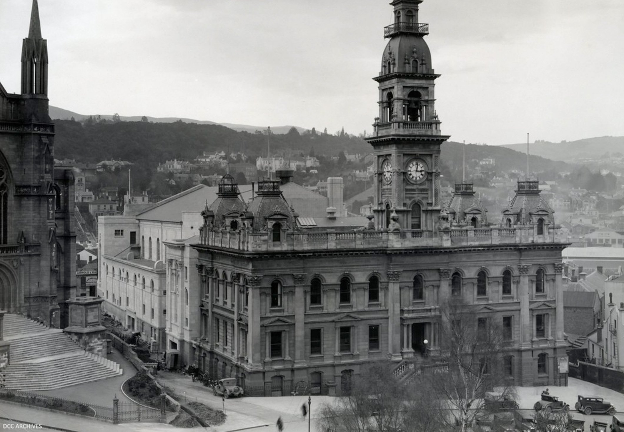 A Dunedin City Council archival photo of the Dunedin Municipal Chambers and the town hall (at...