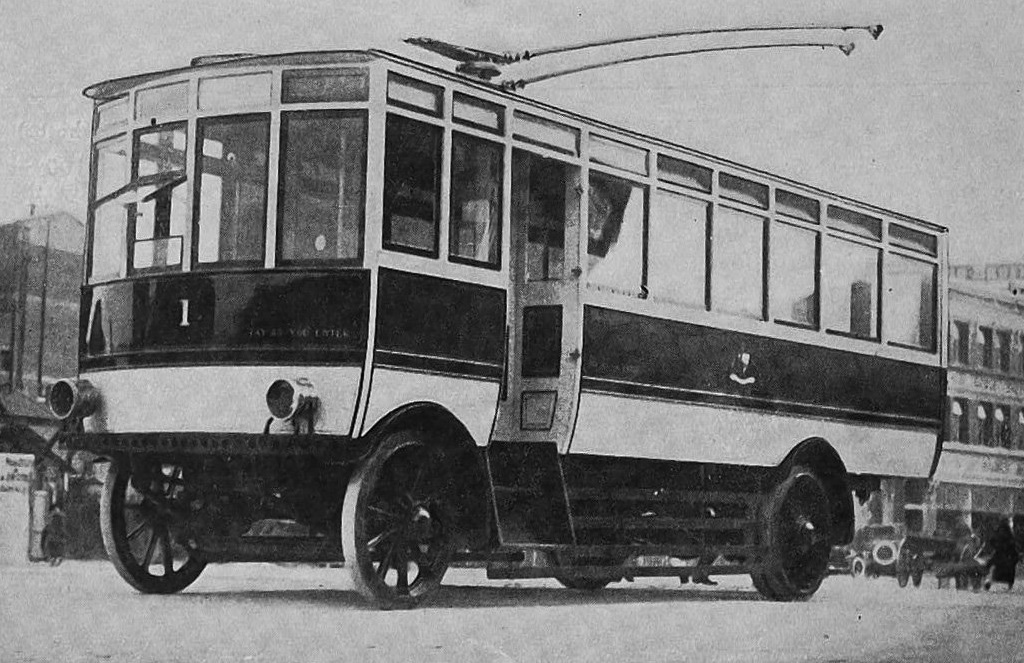 New Zealand's first trolleybus, termed the "trackless tram", in Wellington. — Otago Witness, 30.9...