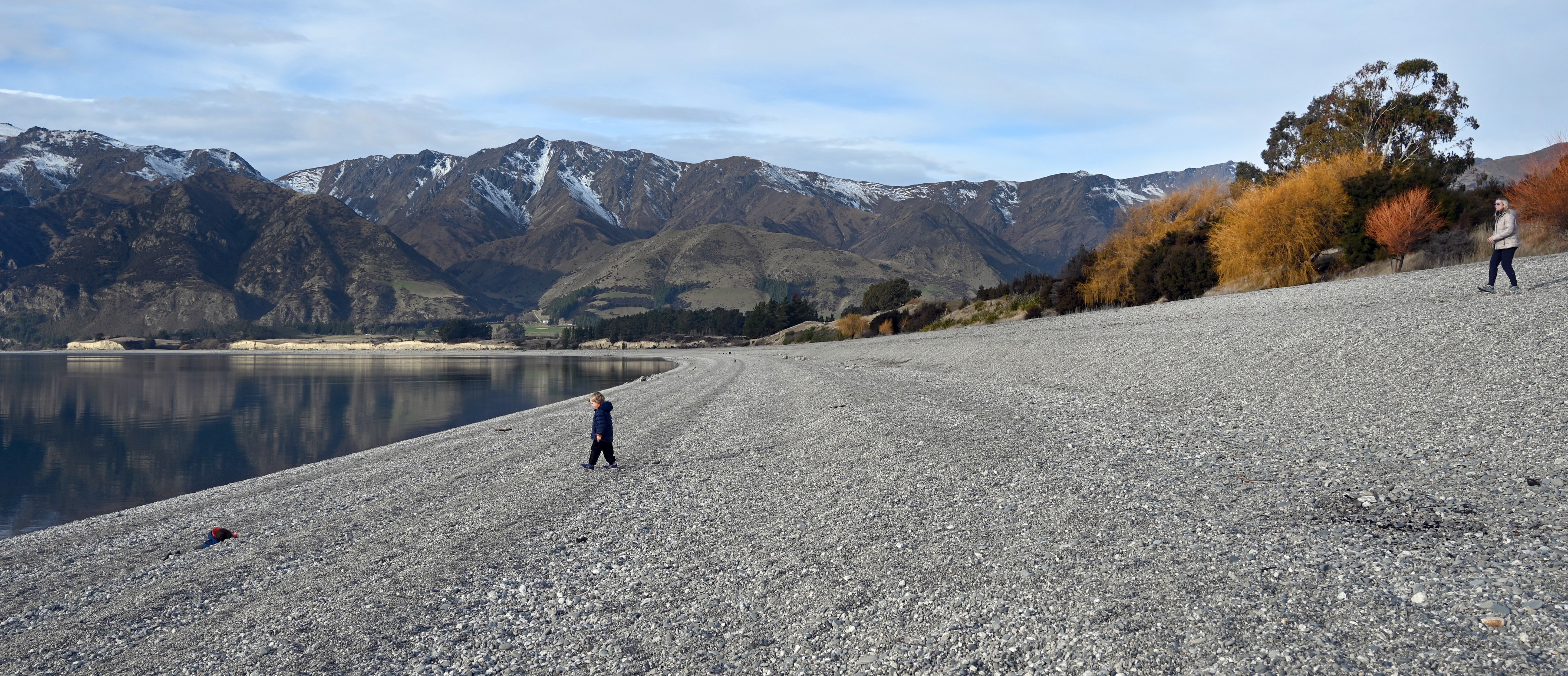 Playing on a very extended Lake Hawea shoreline are brothers (left) Rupert, 3, and Bruce, 6,...