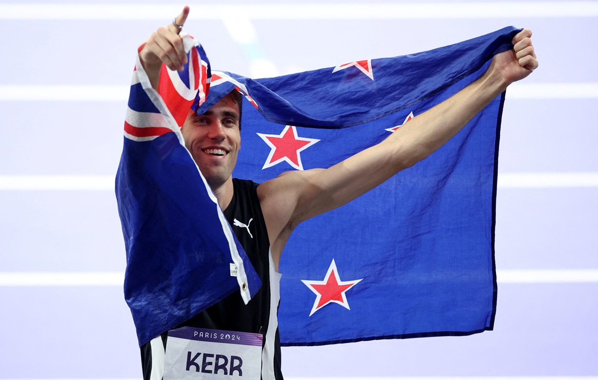 Hamish Kerr celebrates his high jump victory in Paris. Photo: Reuters