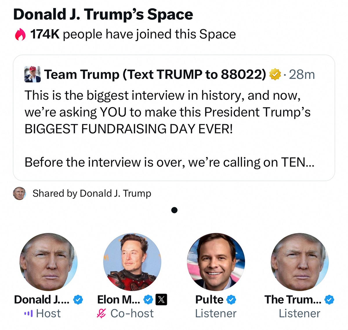 Donald Trump's Space is seen in a screenshot from the social media network X during technical...