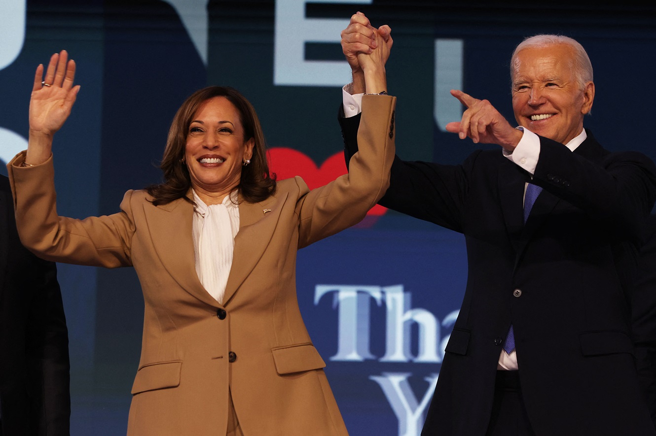 US President Joe Biden and Vice President Kamala Harris on stage together at the Democratic...