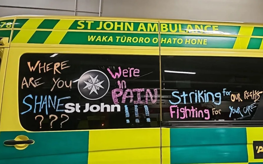 St John First Union members chalked ambulances with messages in July. Photo: Supplied / First Union