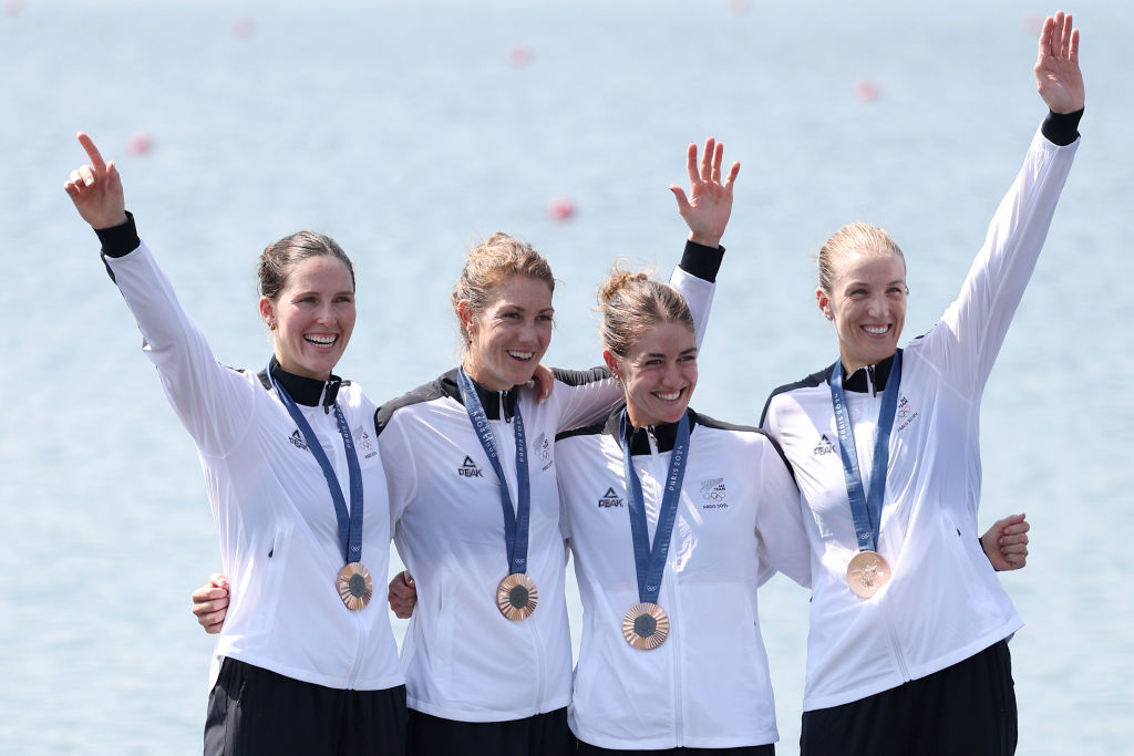 Bronze medal winners (from left) Jackie Gowler, Phoebe Spoors, Davina Waddy and Kerri Williams...