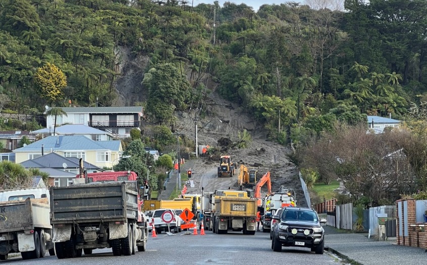 A slip on Arnott Heights has forced the closure of Milton Road in Greymouth. Photo: Facebook /...