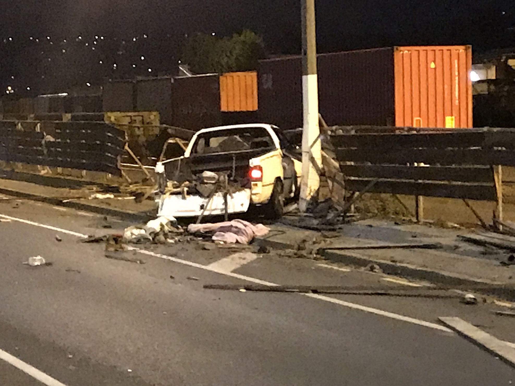 The ute that was crashed in Wharf St yesterday by a group of teenagers. Photo: supplied