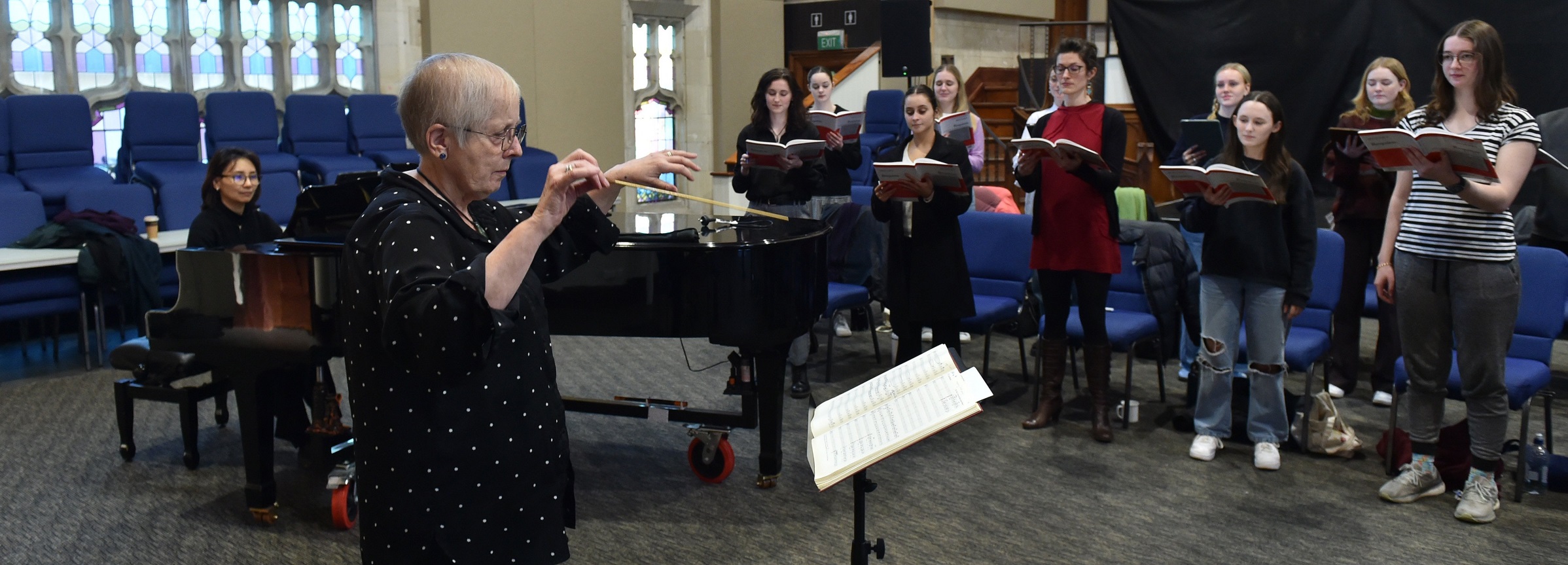 Karen Grylls and members of Choirs Aotearoa Otago-Southland Choir at Hanover Hall. Photo: Gregor...