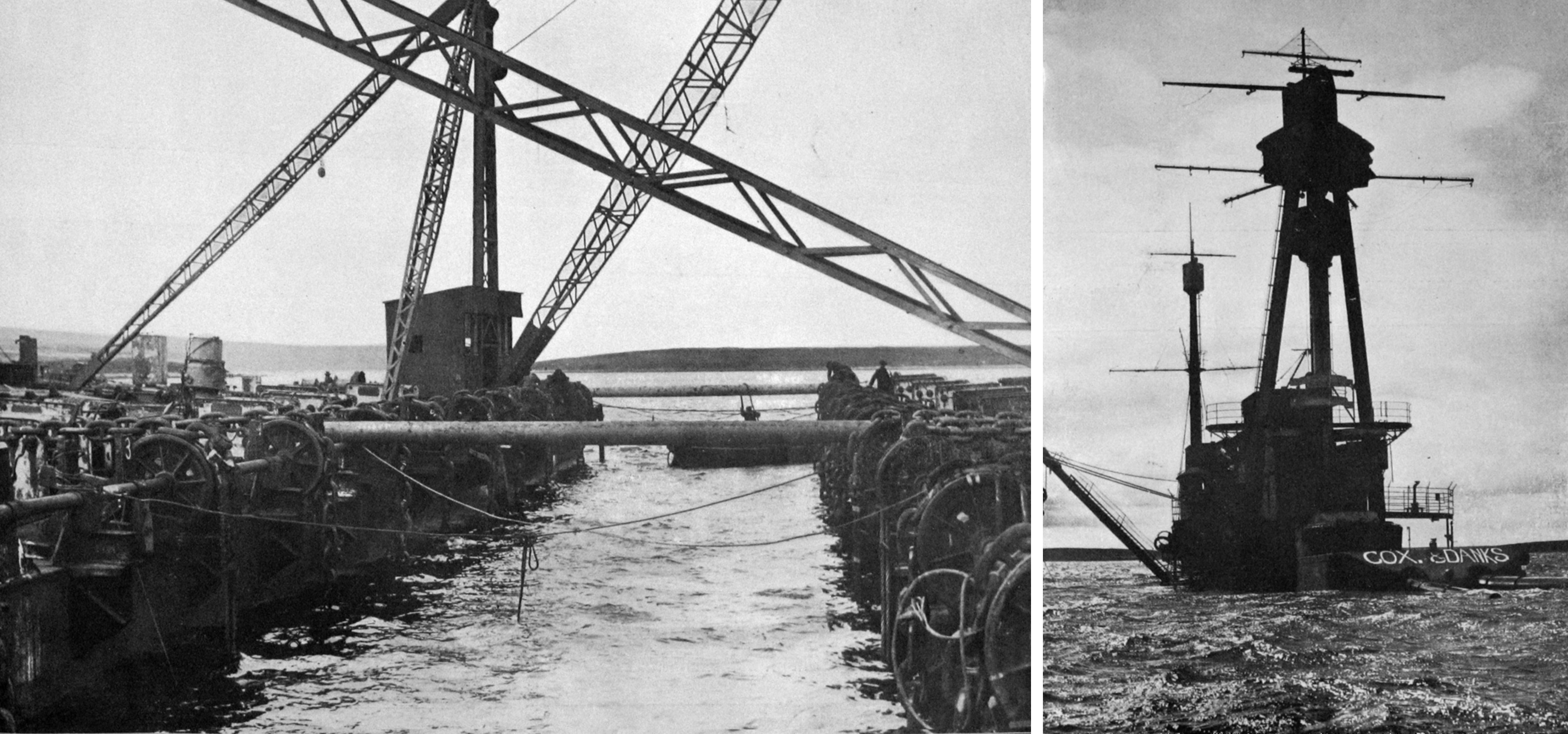 Crane barges are prepared to lift scuppered German WW1 naval vessels from the seabed of Scapa...