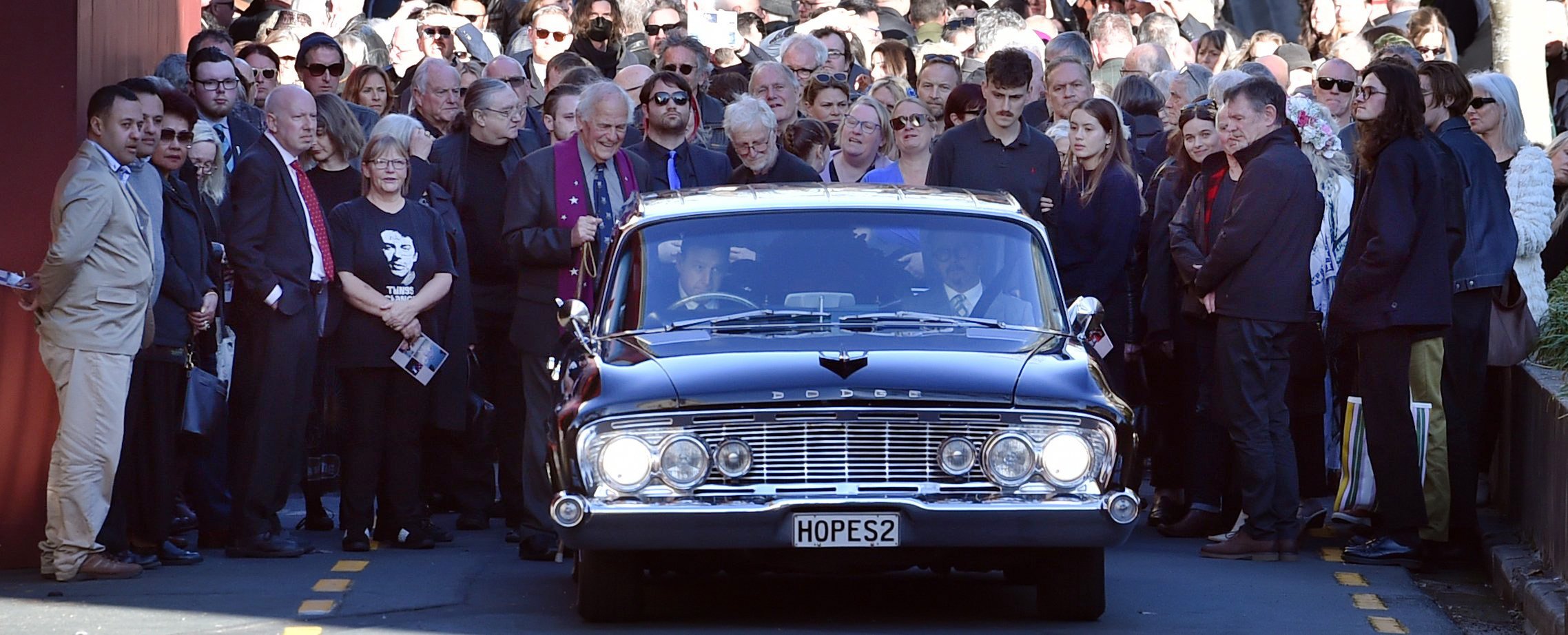 Family and friends mourn The Chills’ lead singer Martin Phillipps after his funeral service at...