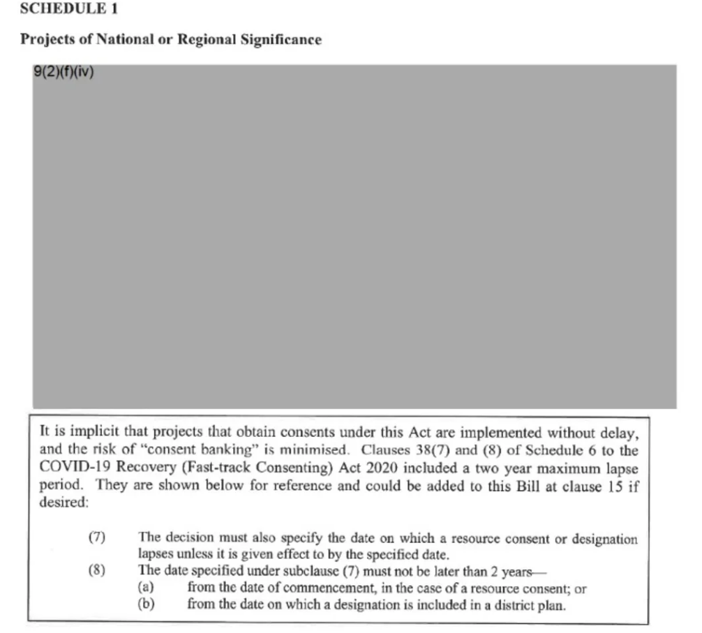 The final page of the OIA response appears to show a redacted list of infrastructure projects...