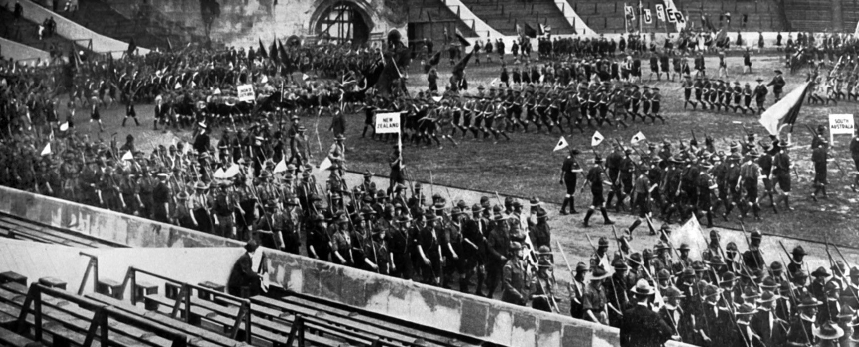 The contingent of Scouts from New Zealand enters Wembley Stadium, London for the Boy Scouts’...