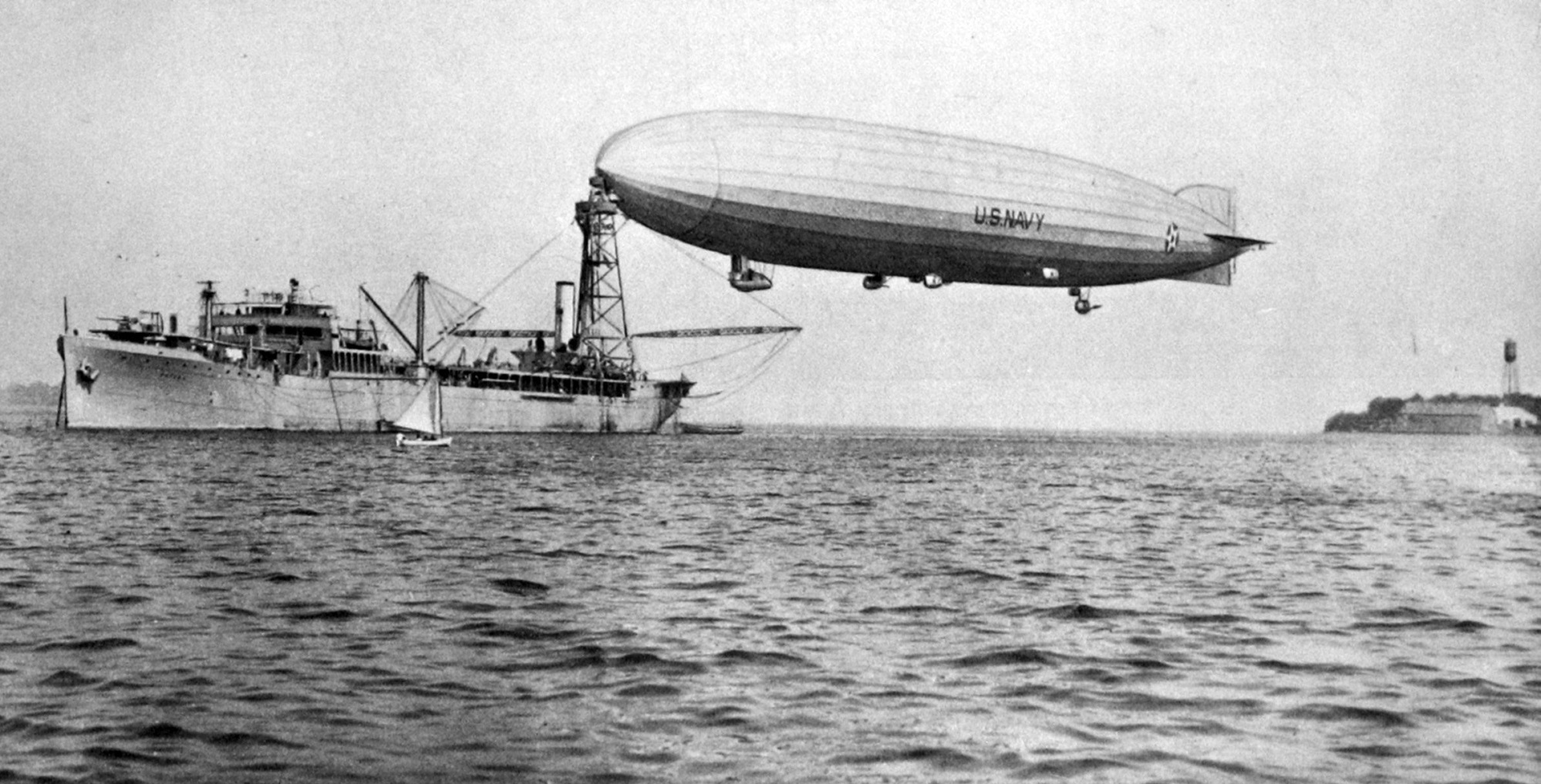 US Navy airship USS Shenandoah, moored to the air pier of USS Patoka in Narangansett Bay, Rhode...