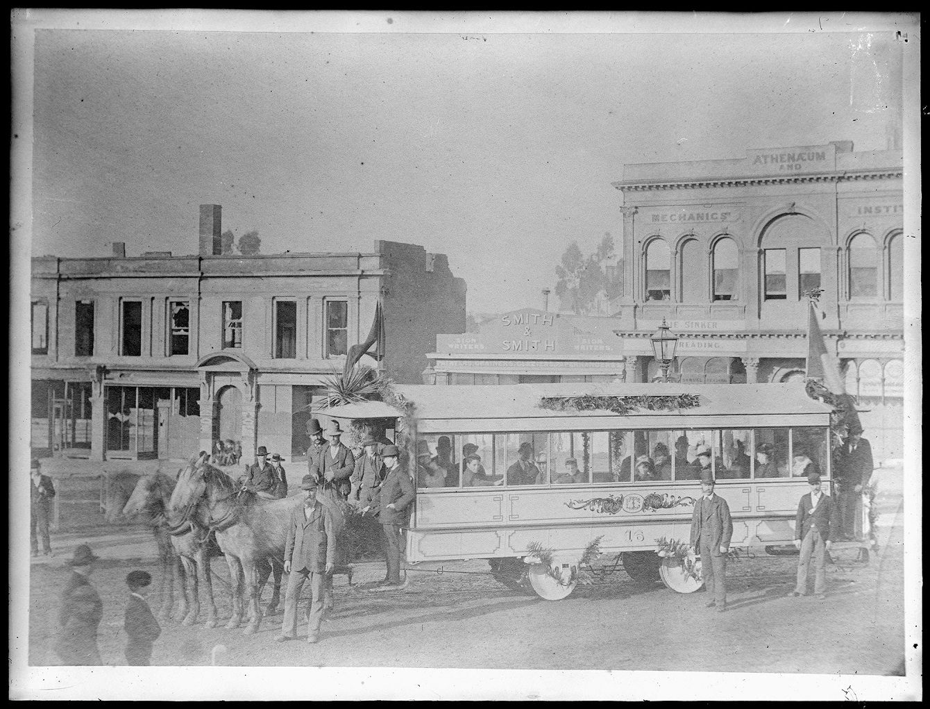 A photograph on July 7, 1880, shows the first anniversary of the introduction of a tramway...