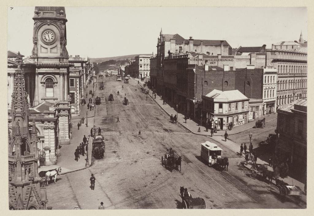 An elevated view of the Exchange area in central Dunedin sometime between 1873 and 1893 reveals a...