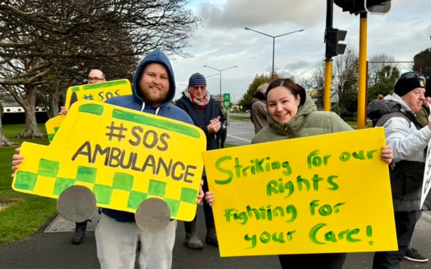 St John staff on the picket line in Invercargill this week. Photo: Supplied / First Union