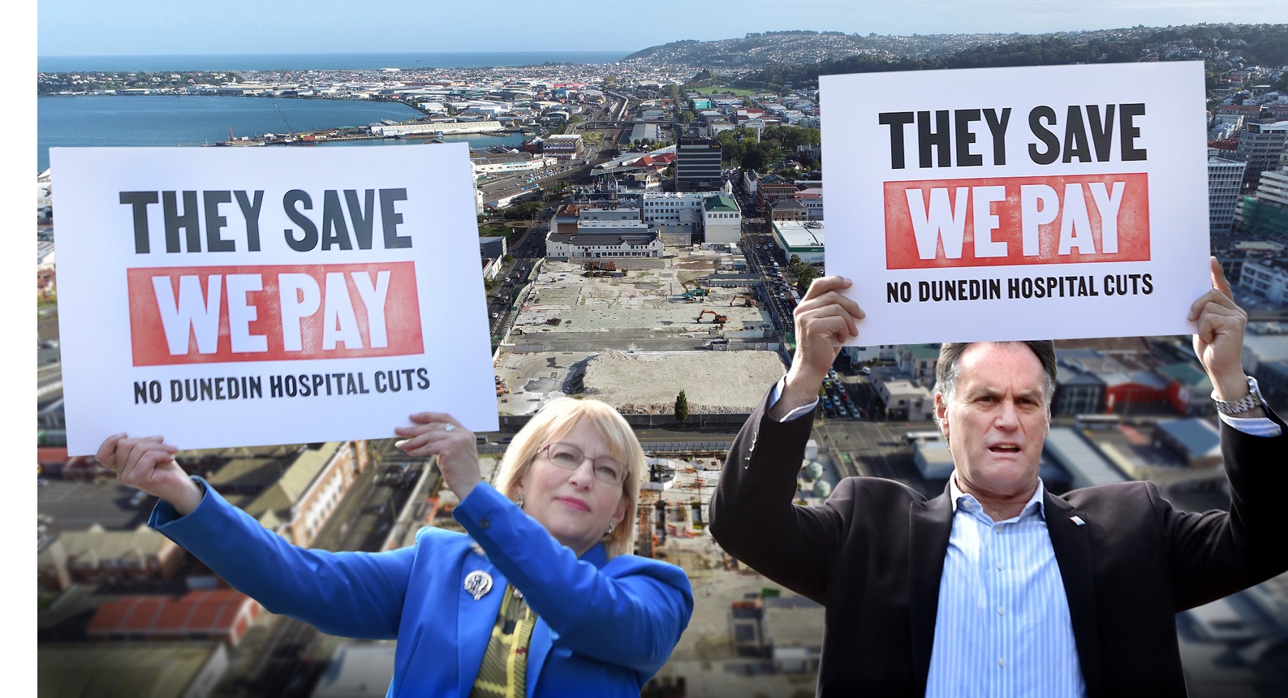 Deputy Mayor Sophie Barker and Mayor Jules Radich protest cutbacks to the new Dunedin hospital...