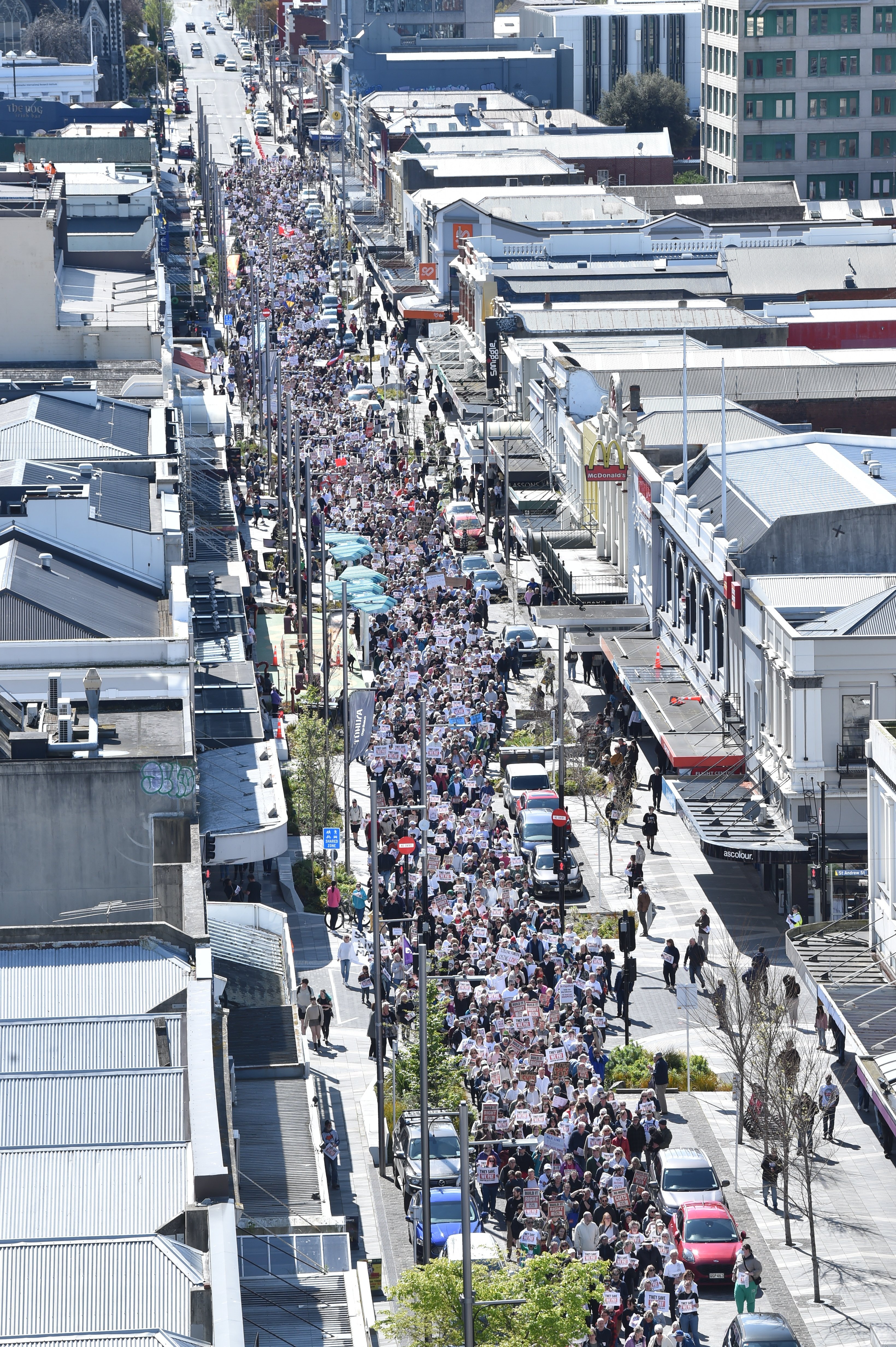 A huge crowd walks down George St towards the Octagon in a protest about cuts to the new Dunedin...