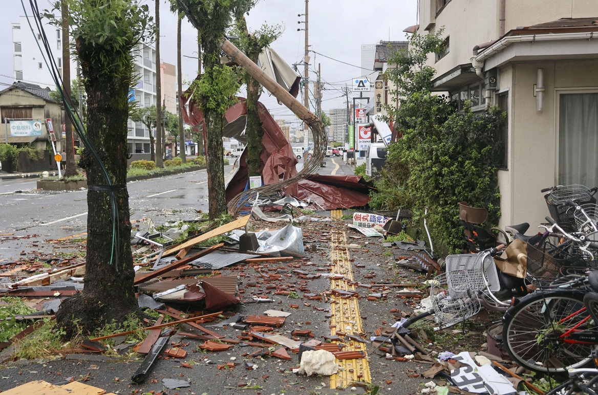 Debris and objects blown by strong winds caused by Typhoon Shanshan are seen in Miyazaki,...