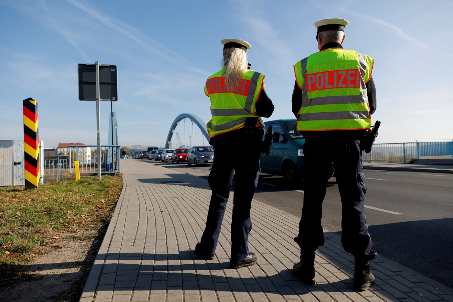 German police patrol along the German-Polish border area in Frankfurt in order to detain migrants...