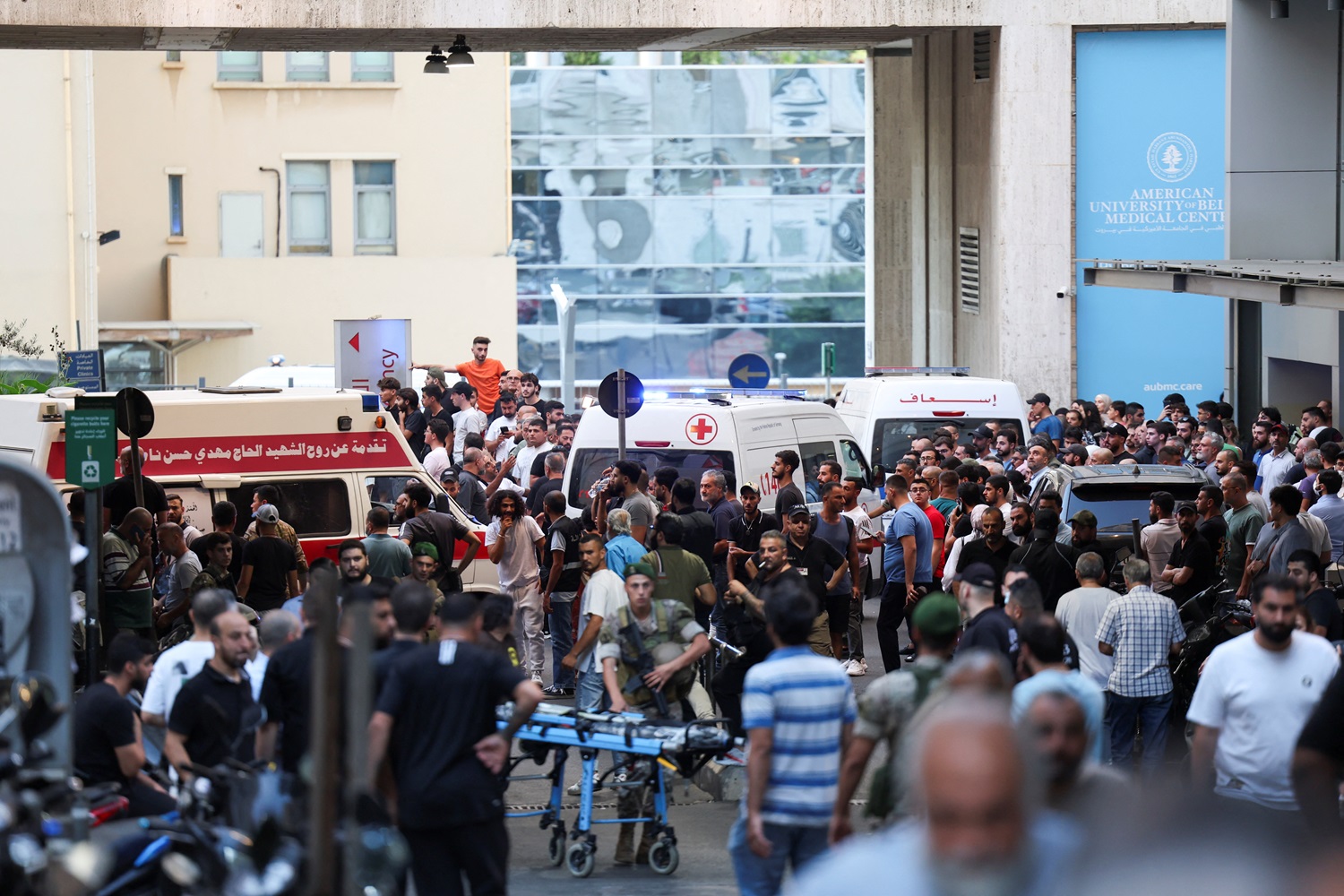 Ambulances arrive at the American University of Beirut Medical Center following the pager attack...