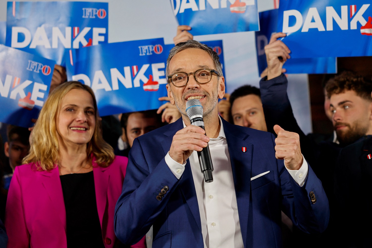 Head of Freedom Party Herbert Kickl speaks in Vienna, after vote projections show that FPOe won...