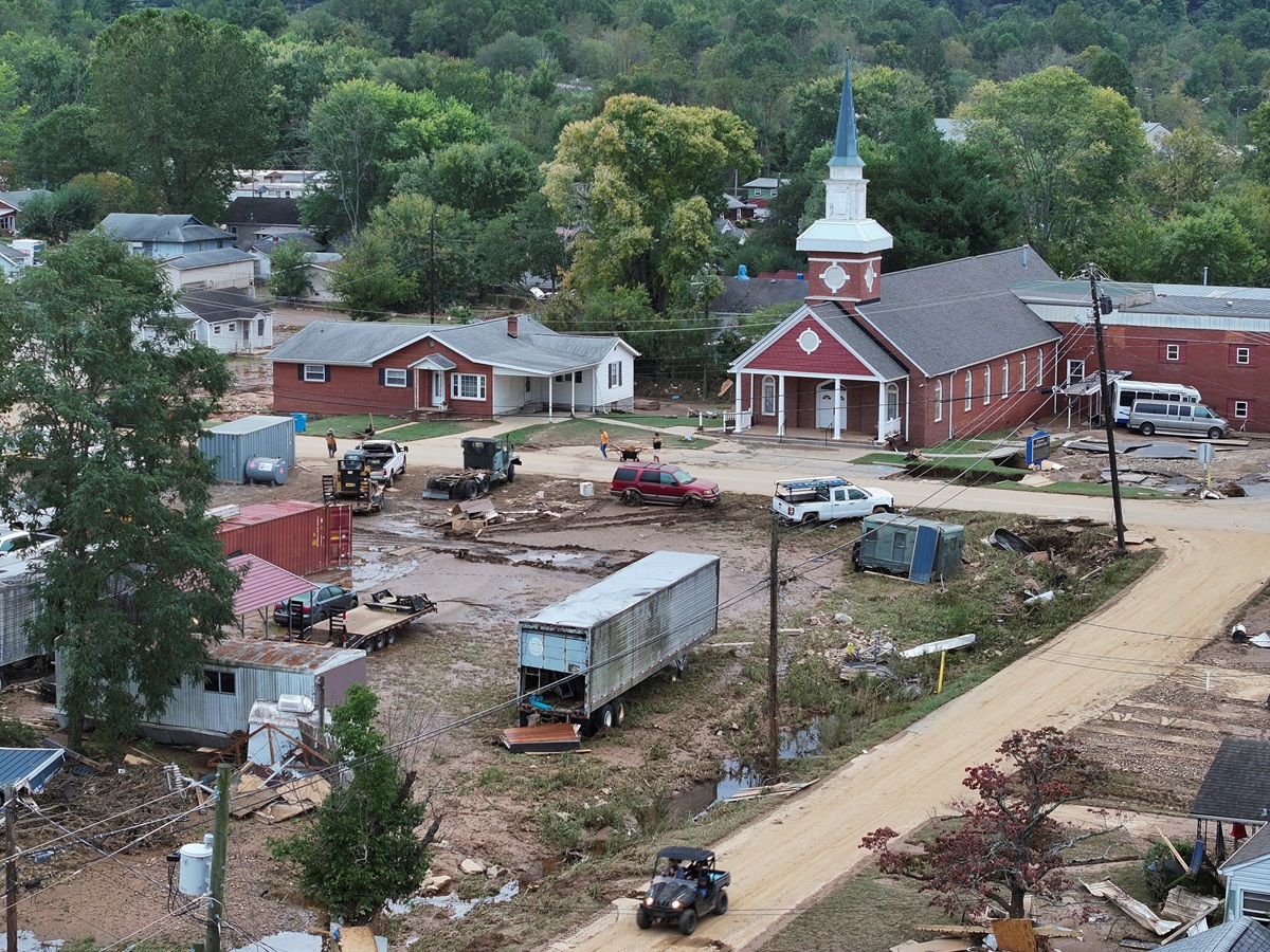 A drone view shows a damaged area, following the passing of Hurricane Helene, in Swannanoa, North...