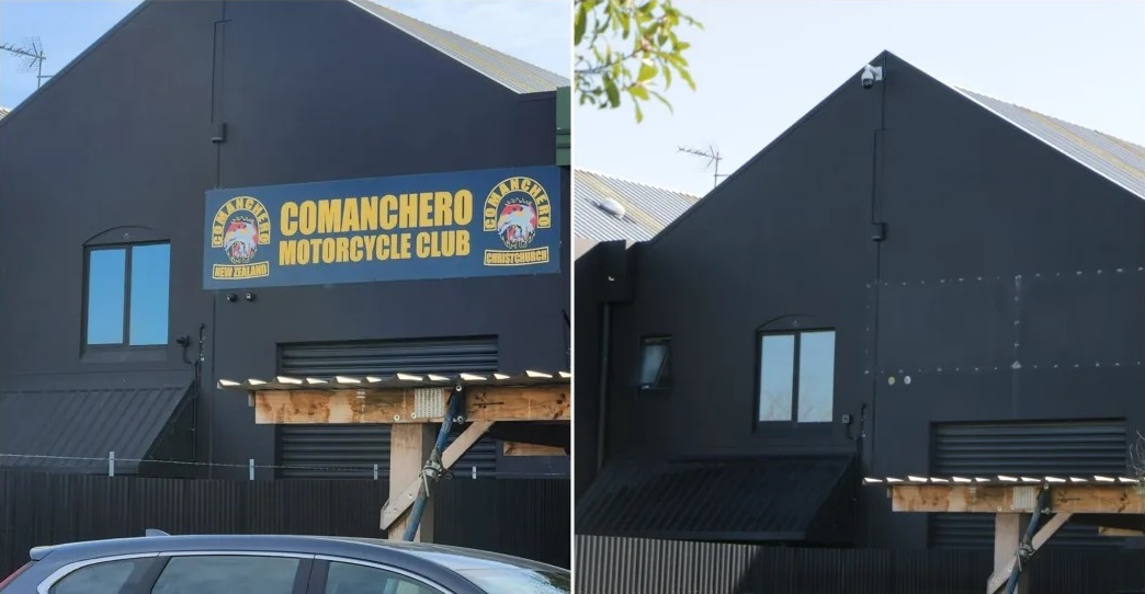 The Comancheros motorcycle gang headquarters in Christchurch, before and after its signage was...