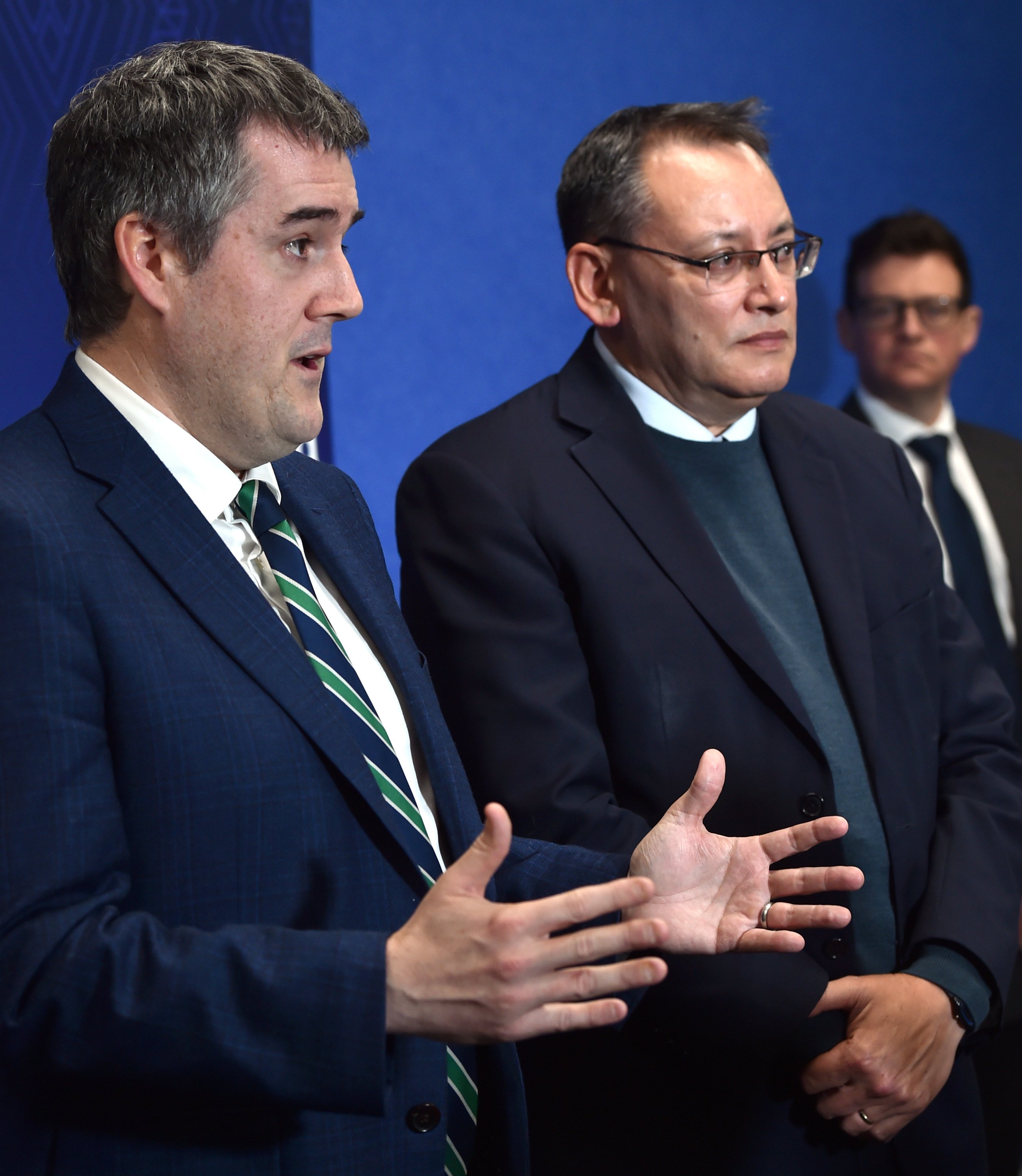 Ministers Chris Bishop, left and Shane Reti speak on the new Dunedin Hospital rebuild on Thursday...