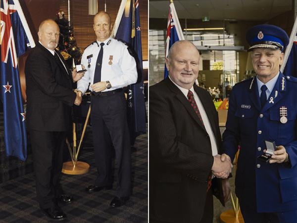 Detective Sergeant Don Fisher receiving his 35-year (left) and 42-year long service and good...