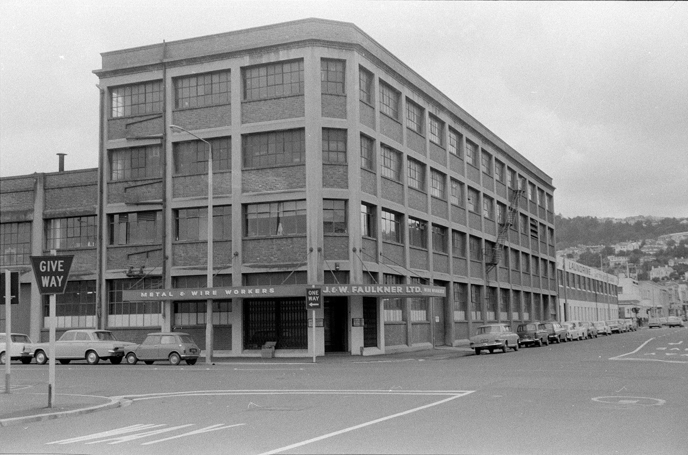 The J.&W. Faulkner building at corner of Castle and St Andrew Sts, Dunedin, photographer unknown,...