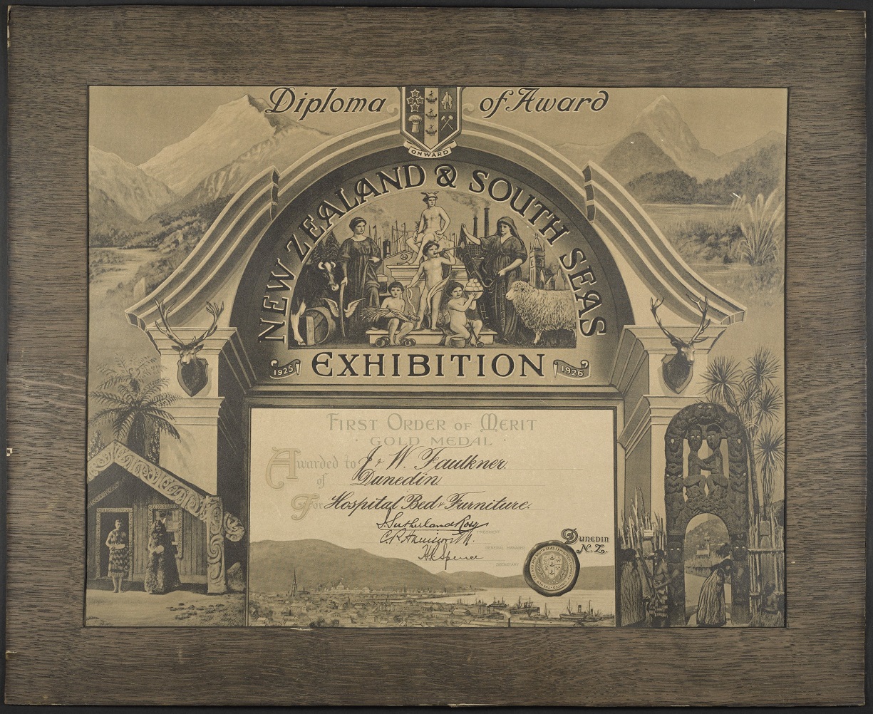 New Zealand and South Seas Exhibition certificate for gold medal award to J.&W. Faulkner for...