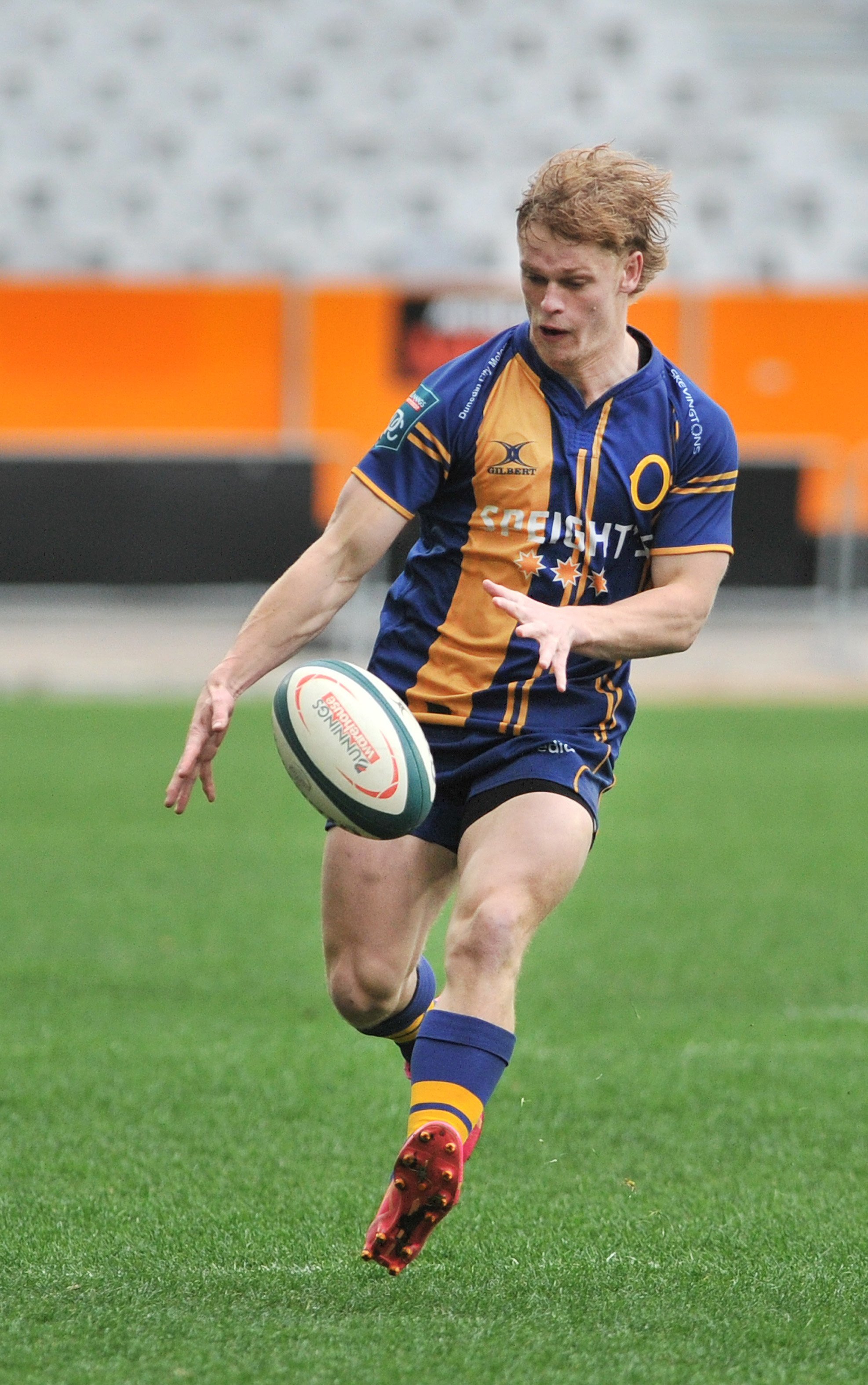 Otago fullback Finn Hurley chips ahead during a training session at Forsyth Barr Stadium earlier...