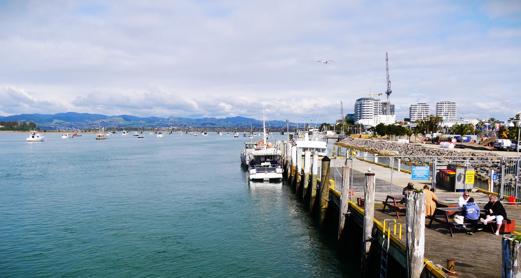 The Matapihi headland and rail bridge suggest Fisherman’s Wharf, off The Strand, Tauranga, is...