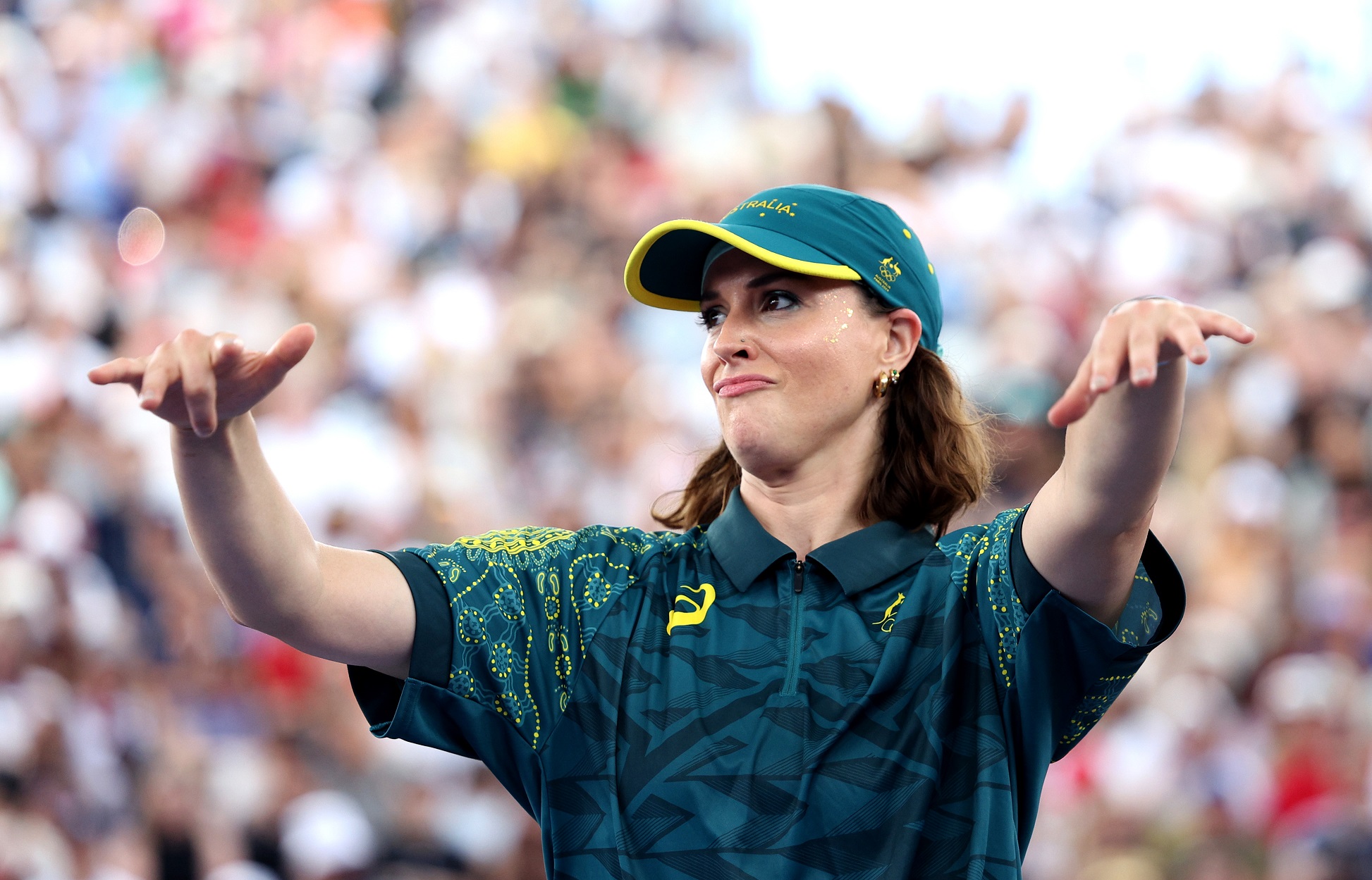 Rachel Gunn, aka B-Girl Raygun, of Team Australia reacts during her now infamous performance at...