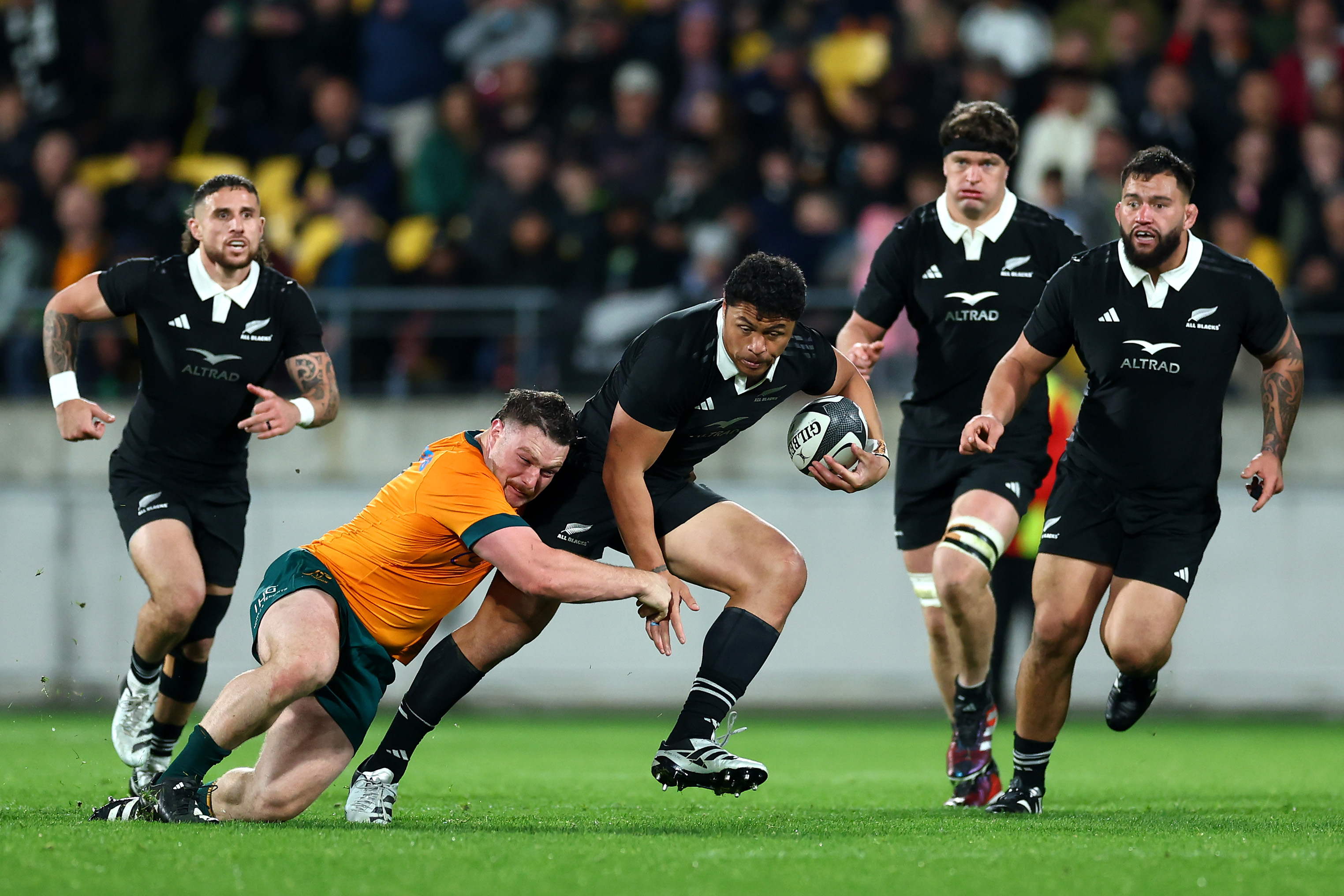 Caleb Clarke charges forward during tonight's Rugby Championship and Bledisloe Cup match between...