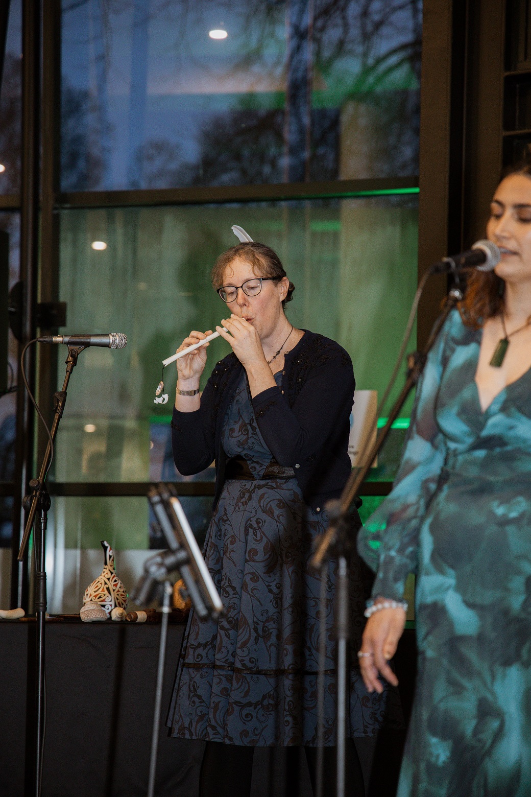 Jennifer Cattermole plays a replica meheki oro (Moriori flute) at the exhibition launch. Photo:...