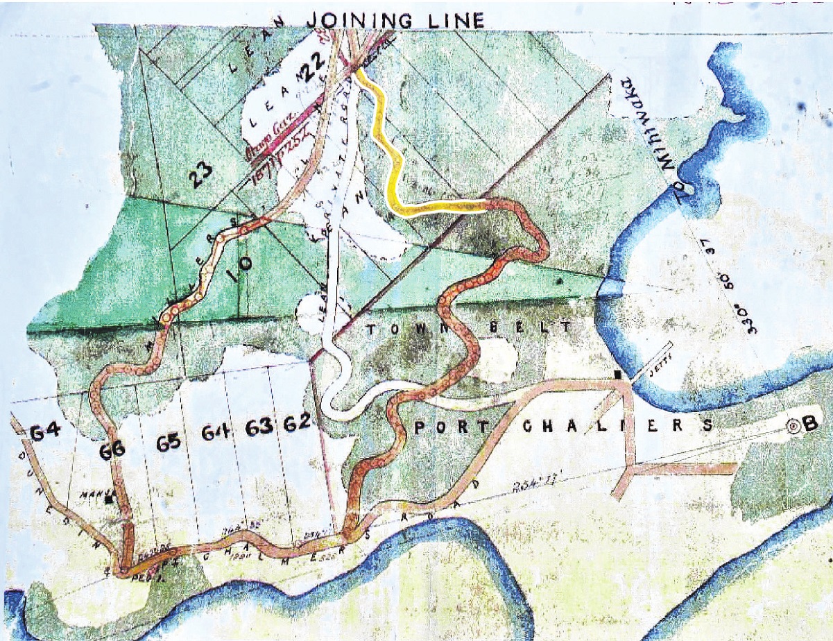 A historic map showing the section of road (highlighted in yellow) that was built on privately...