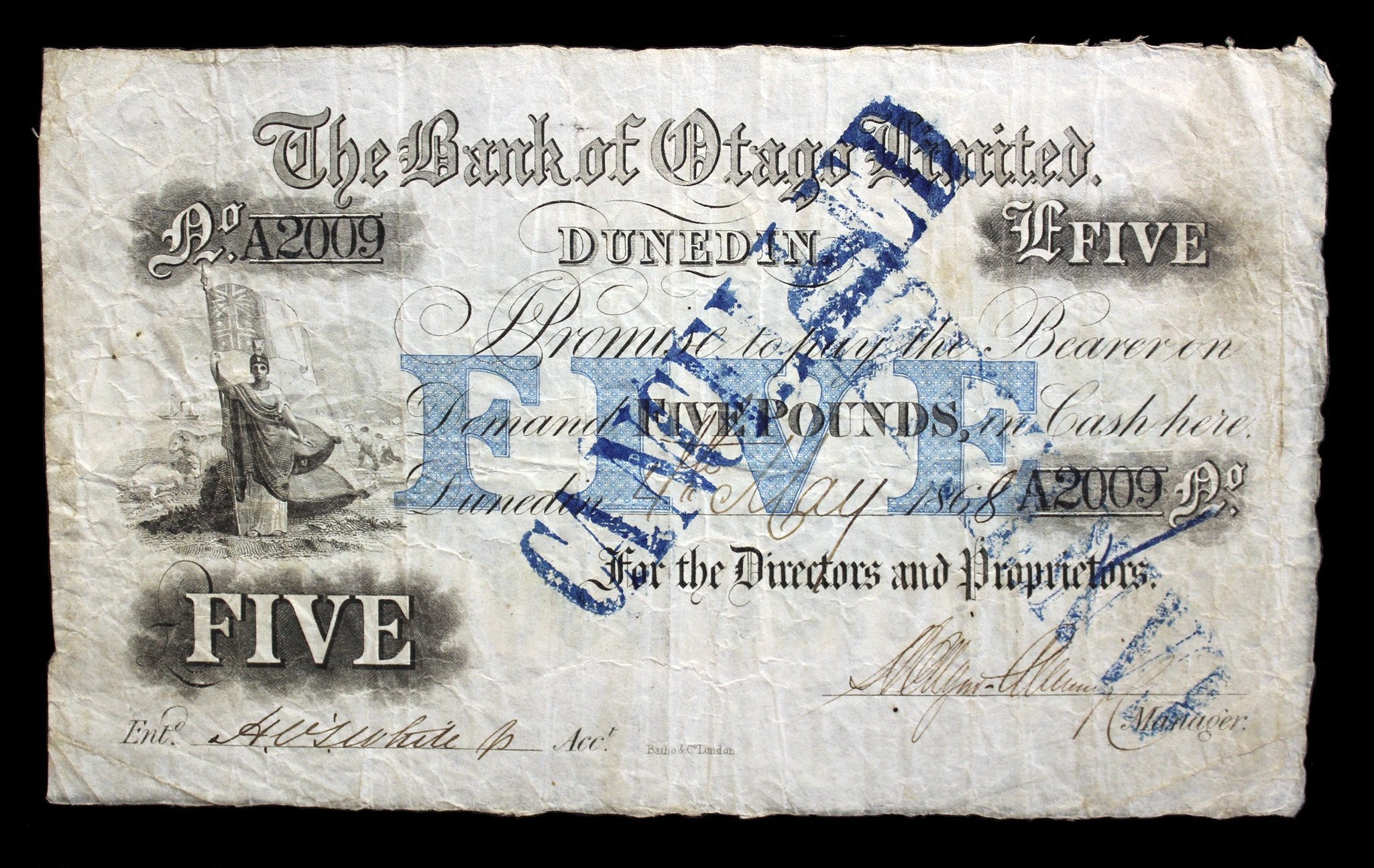 A rare Bank of Otago £5 note that was sold at Mowbray Collectables auction at the weekend. PHOTO:...