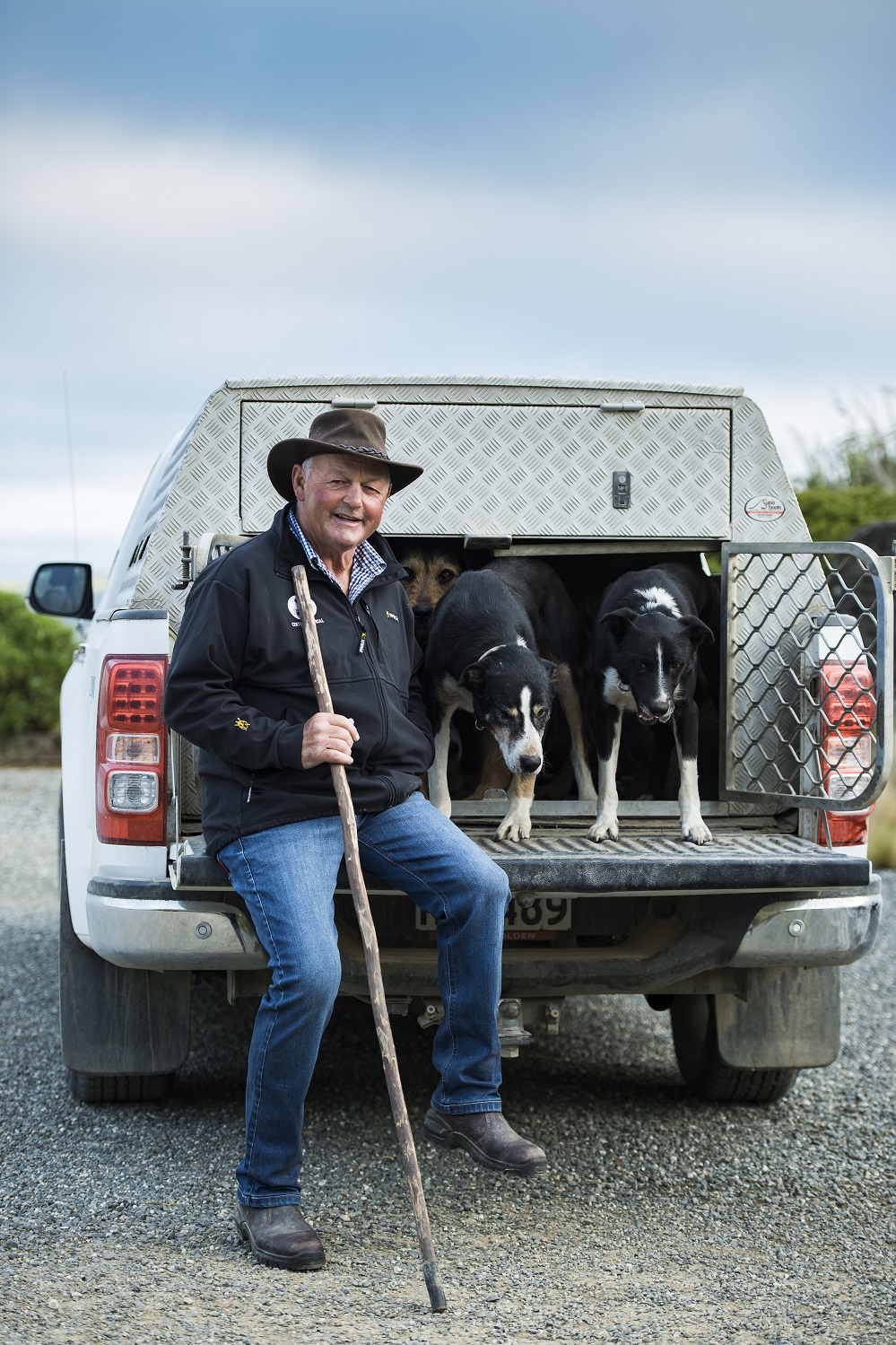 John Chittock and his dogs (from left) Murphy,Trump and Max on Jeff Farm in Kaiwera.