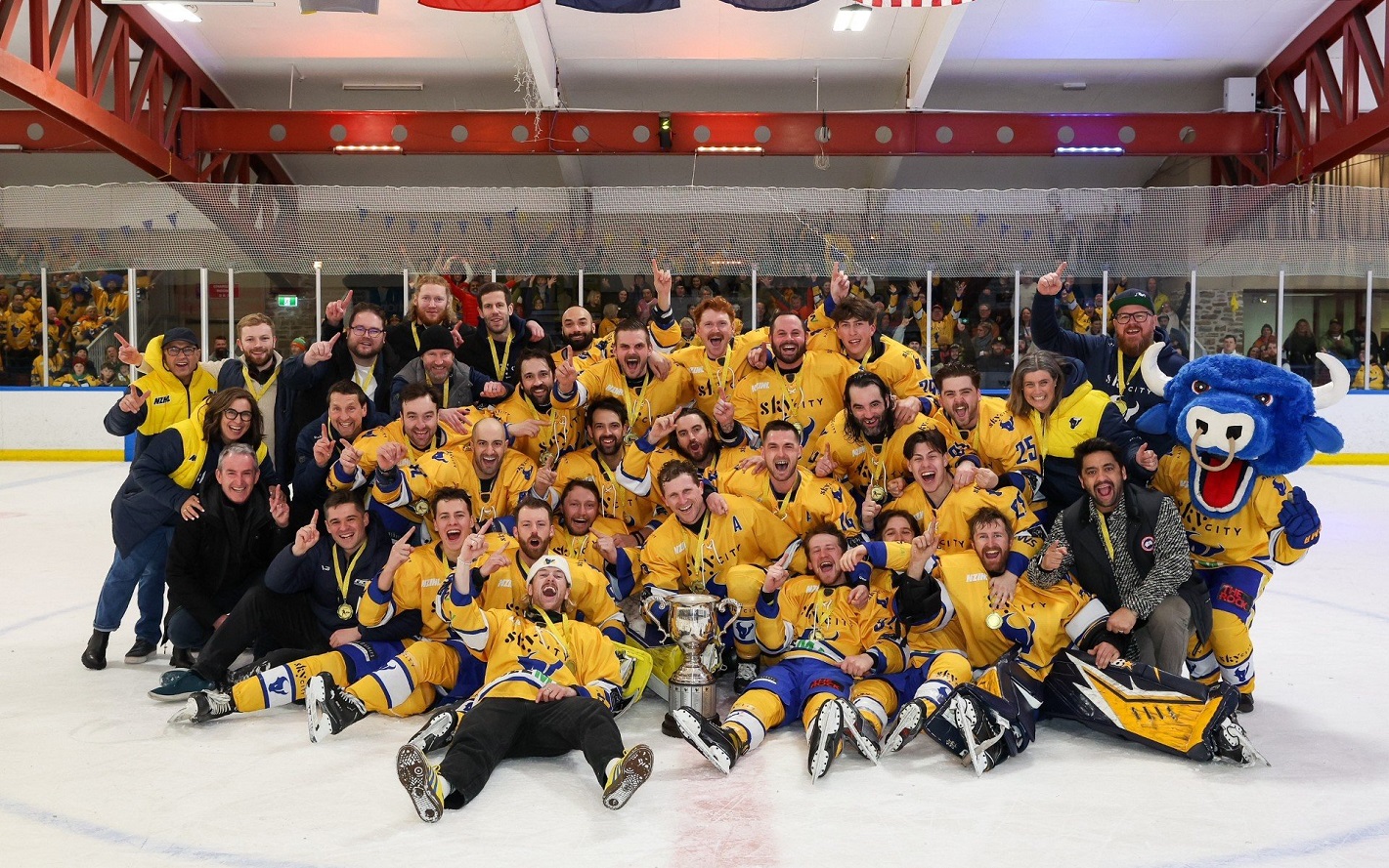 Stampede players and staff celebrate victory in the New Zealand Ice Hockey League finals in...