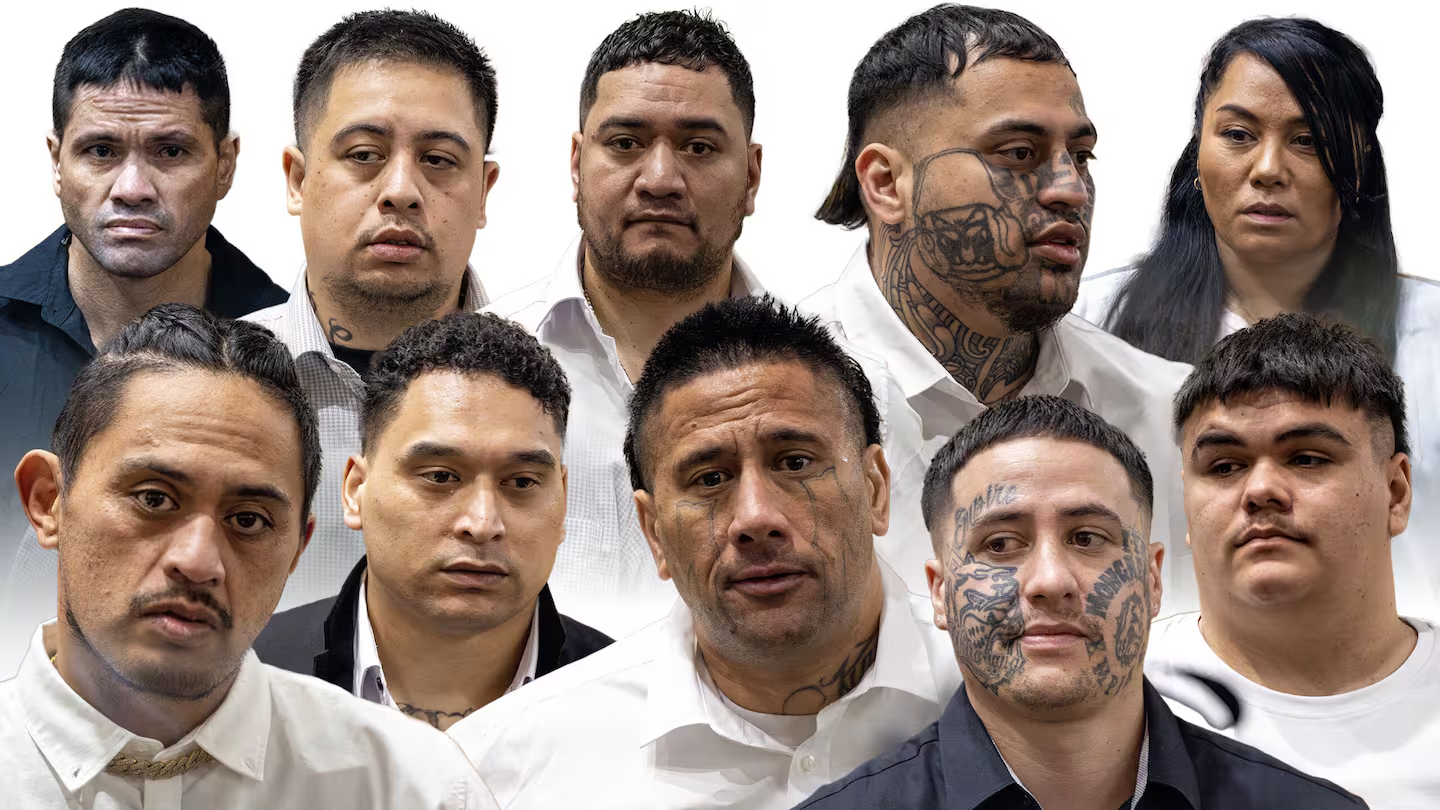 The 10 accused on trial charged with the murder of Tauranga man Mitchell Te Kani on May 14, 2022....